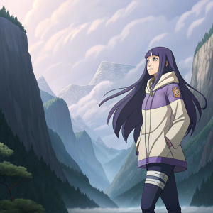 Digital art of Hinata Hyuga from Naruto, surrounded by towering mountains. Anime-style illustration