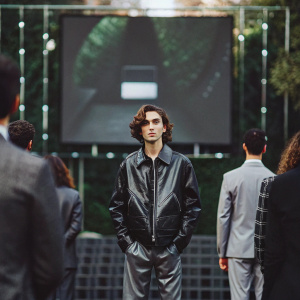 Timothée Chalamet at tech conference. Wearing black leather jacket, standing confidently in front of giant screen displaying new gadget.