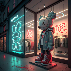 Supreme store window display featuring a large Kaws figure. Neon lights and modern graphic design elements