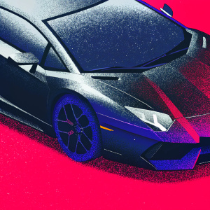 Black Lamborghini Aventador in digital illustration style. Against plain white background, emphasizing sleek lines and aerodynamic design.