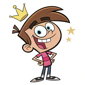 A flat, bold cartoon illustration of Timmy Turner from 'The Fairly OddParents', with a confident, friendly pose. Crowned hairstyle, plain white background with limited color palette