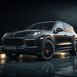 3D render of Porsche Cayenne SUV. Dark and sleek design. Modern and aerodynamic. Black with Porsche logo in the foreground. Dark background with dramatic lighting.