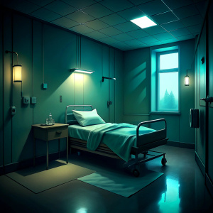 habitación de un hospital psiquiátrico, oscura y  da miedo y es solitaria,  solo una cama, con una persona llorando
