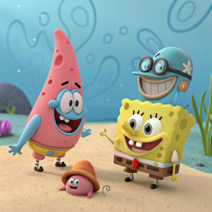 A vibrant 3D animation scene featuring SpongeBob SquarePants characters. Blue SpongeBob on the left, pink Patrick Star in the middle, and yellow Sandy Cheeks on the right, with a tiny snail nearby.