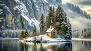 you see a small cathedrale, which stands directly on the shore of a lake. behind the house is a wintry forest. high rock faces rise above the forest