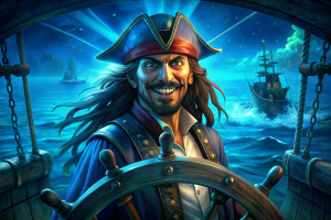 Smiling captain Jack Sparrow at the helm on the ship