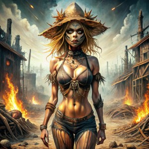 Обложка ,пугало одетое как проститутка стоит в центре обгоревшего пустыря, чёткая точная прорисовка деталей, отличное качество, реальное соответствие размеров частей тела