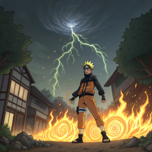Naruto Uzumaki, iconic ninja, surrounded by swirling masses of chakra, wind, fire, and lightning. Sky darkening, fierce winds, flames rising. Naruto stands defiantly, hands blazing with chakra, blue eyes locked on distant enemy. Foreground filled with crackling energy and shuriken. Background shows collapsing buildings, trees, and dark clouds.