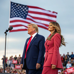 Donald Trump and Melania Trump at a political rally. Wearing matching suits, standing in front of an audience. Behind them, an American flag waving in the breeze.