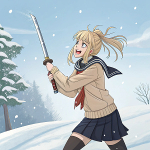 Himiko Toga, in school attire, stands amidst a snowy landscape. Blonde hair flows freely. Holding a gleaming sword. Playful, yet intense expression