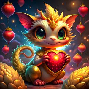 A majestic golden baby dragon with intricate scales and piercing eyes. The gold baby dragon is surrounded by an array of colorful Chinese lanterns, which cast a warm, festive glow over the scene.  In the background, an impressive fireworks display illuminates the night sky, contributing to the festive atmosphere. 