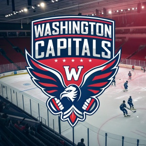 Illustration of the Washington Capitals hockey team logo. Set against a vibrant ice hockey rink background.
