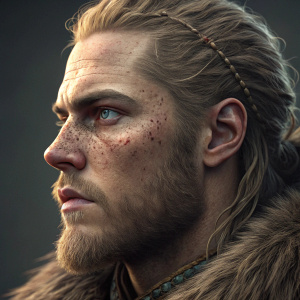 Close-up of a character's face from Assassin's Creed Valhalla. Detailed skin textures and tones.