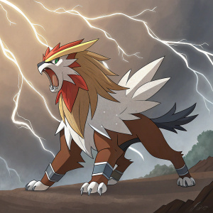 Entei, the majestic legendary Pokémon, in a dynamic action pose. With sleek, powerful body, intricate muscle details, and sharp, angular features, it stands confidently against a dramatic backdrop.
