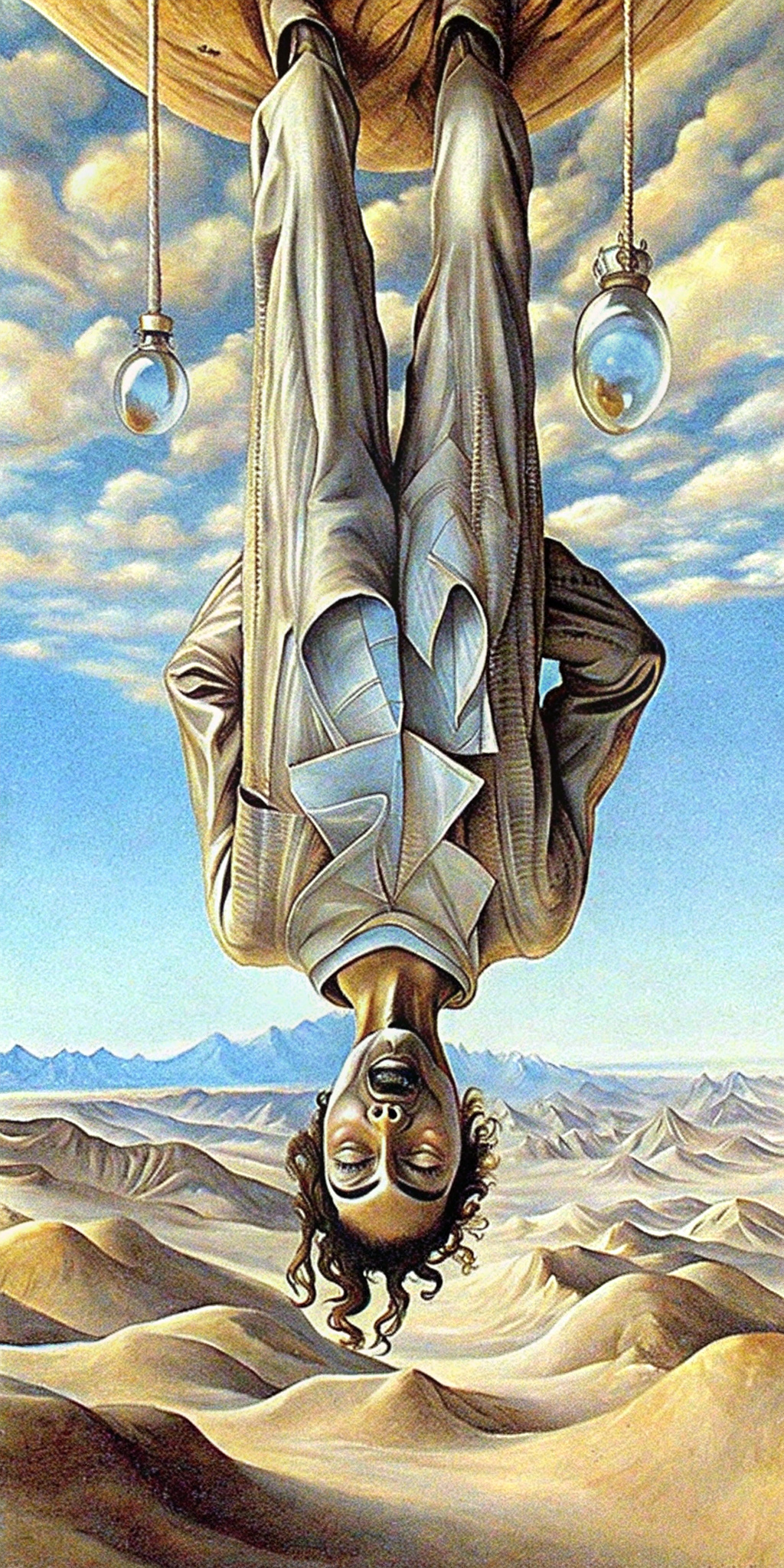 Crea una imagen de: un hombre colgado cabeza abajo, en un desierto. Estilo Salvador Dalí.