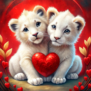 couple of white lion cubs, celebrating Valentine's Day, red background