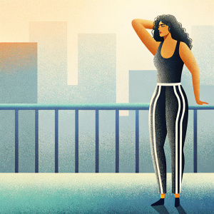 A young Latina woman, dark curly hair, serious expression, standing against a blurred cityscape background. She wears a black tank top and black and white striped pants, adjusting her arm with a relaxed yet poised demeanor.
