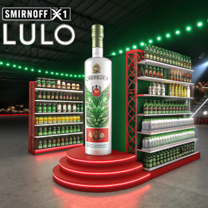 A digital advertisement for Smirnoff Lulo. Brightly lit scene showcasing a large bottle of Smirnoff X1 Lulo vodka. Multiple tiers of shelves displaying various alcohol products. Modern and vibrant design with green accents and red base. Spanish text featured prominently
