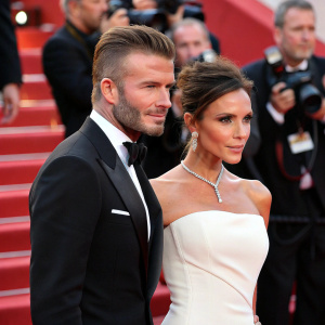David Beckham and Victoria Beckham at Cannes Film Festival. He in black suit, she in elegant white dress. Paparazzi and festival backdrop in background.