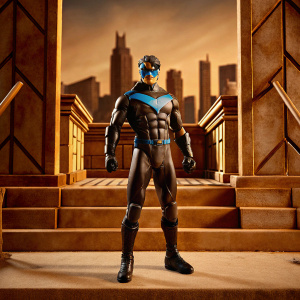 A highly detailed Nightwing action figure standing in a heroic pose. Futuristic black and blue suit. City skyline backdrop.