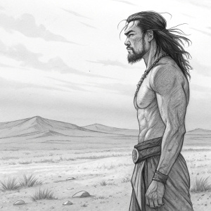 Pencil sketch of Hanzo Shimada, muscular man with long hair, standing alone in a barren landscape.
