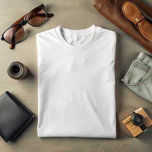 mockup of a foded lain white t-shirt, no designs, no text, placed between some travel accesories