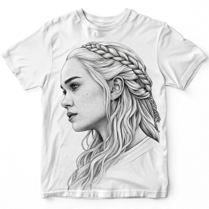 Illustration of Daenerys Targaryen. Her face and hair are in black and white, detailed and precise, on a white t-shirt.