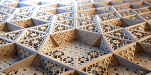 Aperiodic monotile surface. Geometric tessellation pattern, hard angles, perfectly regular repeating figure. 3d volumetric render, fine details filigree, David Smith mathematics, dramatic 3d depth effect
