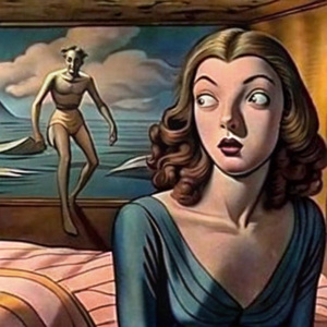 sleepwalker daphne blake in pantyhose under hypnosis in painting comic strip storyboard by Salvador Dali 
