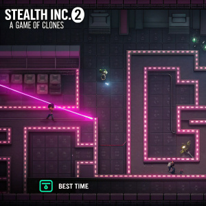 Screenshot from Stealth Inc. 2: A Game of Clones showcasing a maze-like environment with neon pink and purple accents. Player's line of sight indicated by a glowing beam. Interface includes timer and best time indicator. Futuristic and dimly lit setting with complex platforms and obstacles.