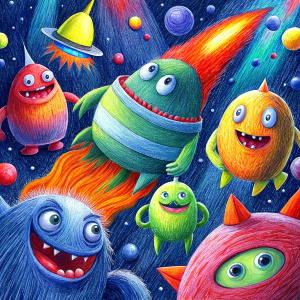 Playful monsters explore the wonders of outer space in vibrant crayon pastels. Perfect for kids' imaginations!