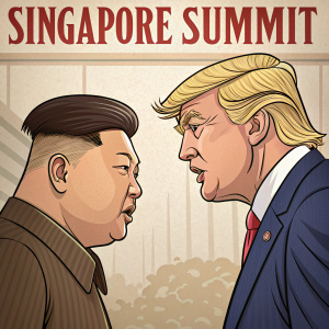 Simplistic cartoon drawing. Kim Jong-un and Donald Trump face off. Beige toned background. Bold headline 'Singapore Summit' at top.