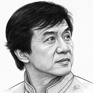 Detailed black and white sketch of Jackie Chan. Close-up view emphasizing facial contours and wrinkles. Expressive eyes and unique features highlighted.