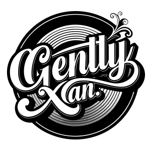 an elegant typeface with the name "Gently Xan" framed in a vinyl record

