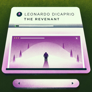 Homepage of a movie streaming platform. Leonardo DiCaprio's 'The Revenant' prominently displayed. Dark blue color scheme, sleek design, play button, brief description.