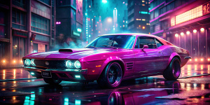 (high quality, best quality), (sharp focus) 4K Unity Wallpaper, <lora:cybervehiclev4:1> front quarter view, cyberpunk fuchsia muscle car, dirty, (cinematic lighting:1.2), depth of field, bokeh, day time, city, neon lights, , oil painting 8K, oil painting 8K, extremely detailed oil image