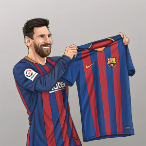 Digital illustration. Lionel Messi presenting Barcelona FC jersey. Grey background, no logos, Messi in blue and red stripes jersey, posing confidently