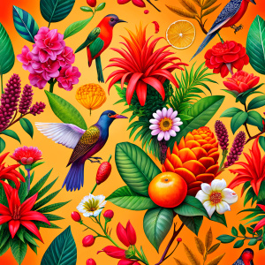 exotic orange craft paper with purple -red birds and yellow exotic flowers and wild flowers ,red  canna,flame altey,melon chamomileorange canna , ivy ,sisymbrium ,celosla, purplehyacinth ,saffron ,primrose ,rosemary , iris 