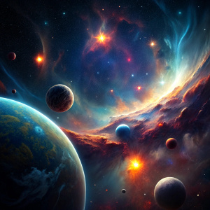 In the vast expanse of space, millions of twinkling stars dot the velvety black canvas, casting a mesmerizing glow across the cosmic landscape. Swirling nebulae and distant galaxies paint the celestial panorama with bursts of color and light, each a testament to the awe-inspiring beauty and mystery of the universe. Amidst the silent tranquility, planets drift gracefully, their majestic forms illuminated by the gentle radiance of distant suns. It's a realm of infinite wonder and exploration, wher