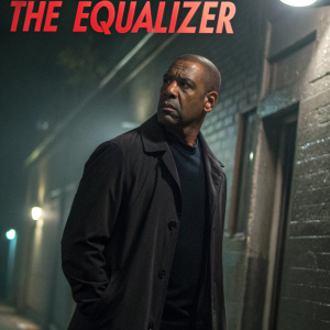 Denzel Washington in intense pose for thriller film poster. Dark alley background, title 'The Equalizer' in bold red font.