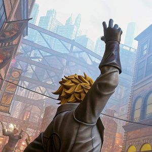 Giorno Giovanna, from JoJo's Bizarre Adventure, in an intense action pose. Vibrant cityscape background with comic book elements