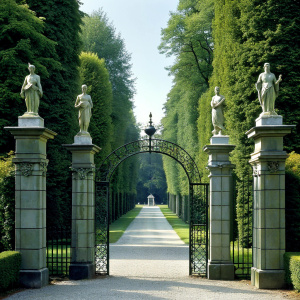 A park entrance decorated with statues