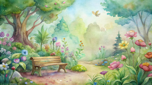 beautiful garden scape with many different coloured flowers, some trees and a few tiny insects flying around, a small bench is standing at a tree and a sweet teddybear sits on the bench
