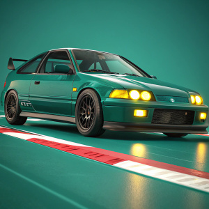 A 3D rendering of a teal-green Honda Civic Si Wangan Spec, spotlighted on a sleek digital canvas. Yellow headlights glare with intensity, set against a vibrant teal-green background. Racing stripe adds dynamic flair, car is poised for high-speed action.