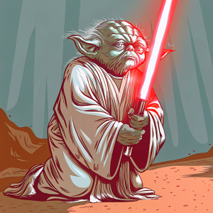 Pencil drawing of Yoda, Star Wars character. Kneeling pose, detailed facial features. Light paper background. Artist's signature at bottom