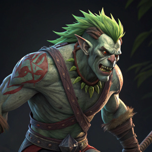Grotesque character from Dota 2, mottled skin tone, green hair, dark background. Video game screenshot
