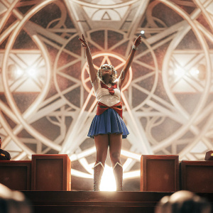 Sailor Moon, wearing a white top with blue skirt, standing on stage. Complex background, intricate geometric shapes and bright colors