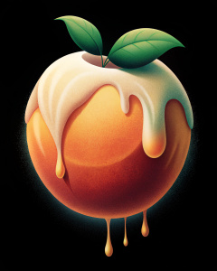 
t-shirt design of a peach that dripping cream against a black