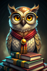 lAn owl with glasses and a medal around his neck in a black square academic hat next to a stack of books