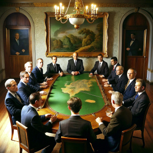 Images of politicians and bankers angry with each other while playing Risk in a luxury boardroom. The atmosphere is tense, they are placing the figures on the board
